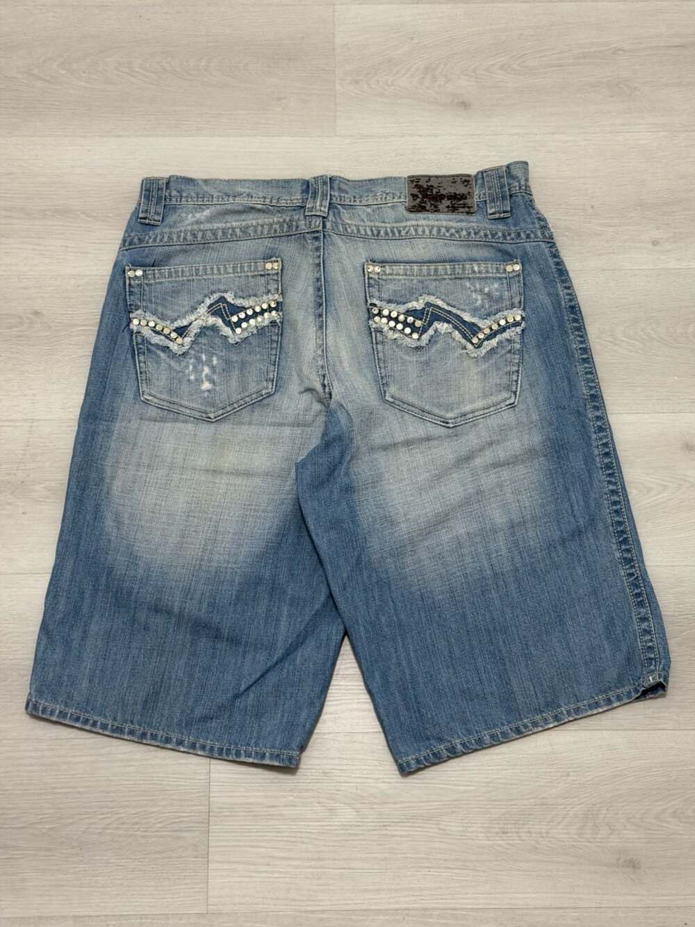 Vintage Pelle Pelle Y2K Distressed Embellished Baggy Denim Jorts Size 38